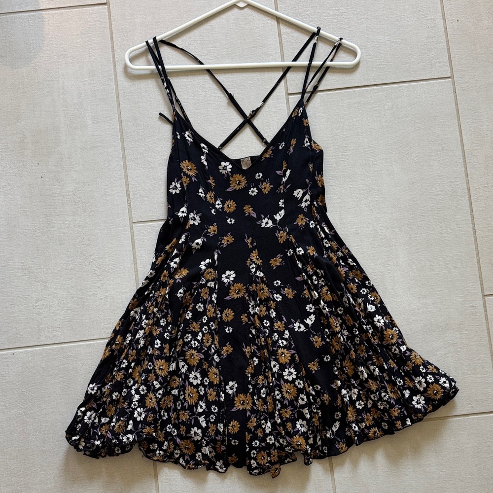 Free People Strappy Floral Mini Dress in Black and Brown